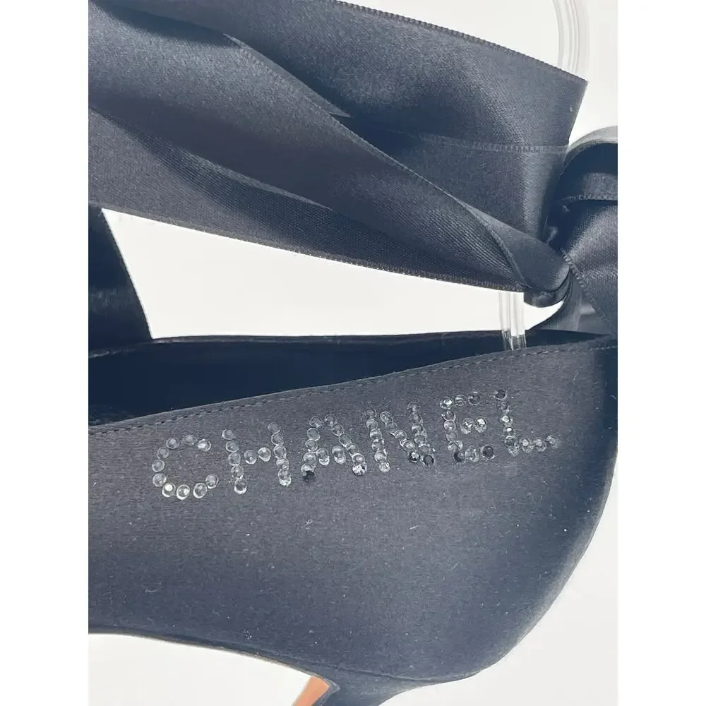 Chanel Vintage Black Satin Crystal Logo Ankle Lace Up Ballet Pumps Heels EU 37.5